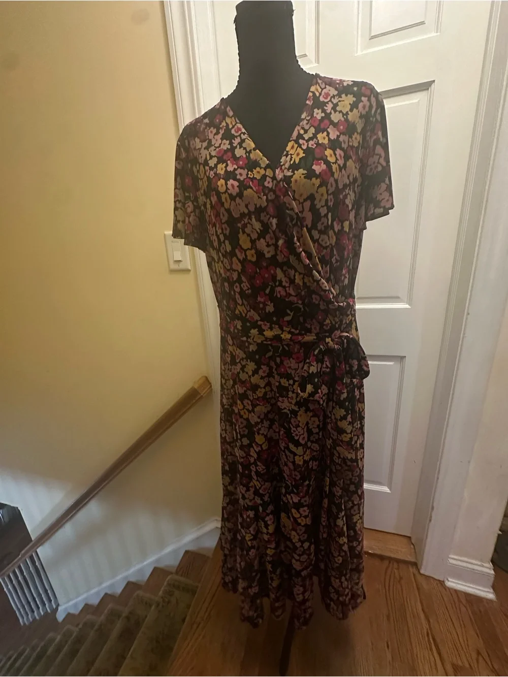 Ralph Lauren Black Floral Wrap Midi Dress with Pink & Yellow Blooms